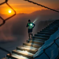 Runner with chest light ascending snow-dusted outdoor stairs at sunset, chain-link fence in foreground