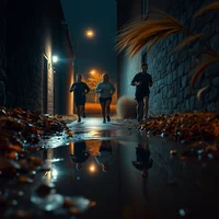 Three silhouetted figures running through a narrow wet alley at night, lit by warm orange streetlights