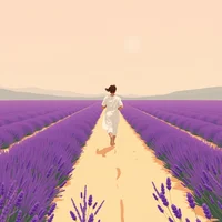 Illustrated woman in a white dress walking a dirt path through rows of purple lavender fields.