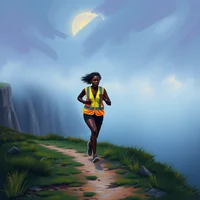 Woman in orange shorts and yellow vest running on a narrow cliff-side trail under a large glowing moon at dusk.