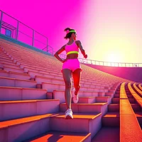 Woman in neon pink running outfit sprinting up stadium steps toward a bright sunset sky.