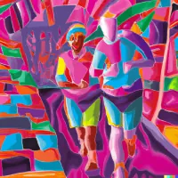 Colorful geometric illustration of two figures in motion