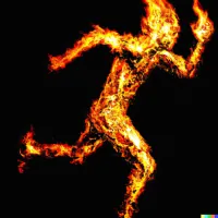 Silhouette of running figure made of orange and yellow flames against black background