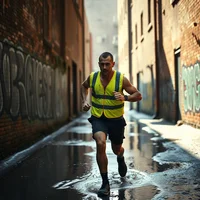 Man in yellow high-vis vest running through a wet narrow alley with graffiti-covered brick walls