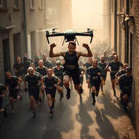 Man holding a drone overhead leads a large group of runners through a narrow sunlit urban alley