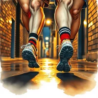 Low-angle view of two runners' legs in colorful striped socks and sneakers on a wet night-time alley