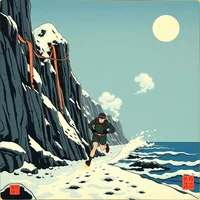 Ukiyo-e style illustration of a lone runner on a snowy coastal cliff path beside a calm sea under a full moon