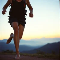 Barefoot runner photographed from low angle with silhouetted mountains and dusk sky in background