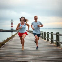 Man and woman running side by side on a wooden boardwalk pier with a lighthouse behind them