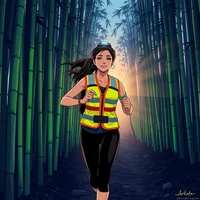 Illustrated woman in a hi-vis safety vest running through a bamboo forest with warm glowing light