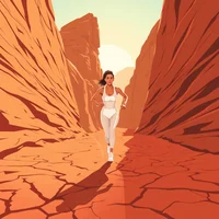 Woman in white outfit running through a narrow red rock canyon with cracked desert ground