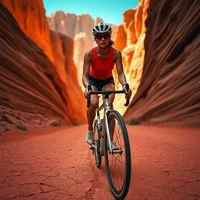 Cyclist in red jersey riding through a narrow red rock canyon on a sunny day
