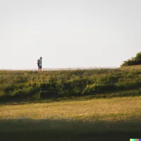 Person standing in grassy field with rolling countryside landscape