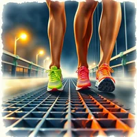 Watercolor close-up of neon running shoes on a mist-shrouded suspension bridge at night under glowing street lights.