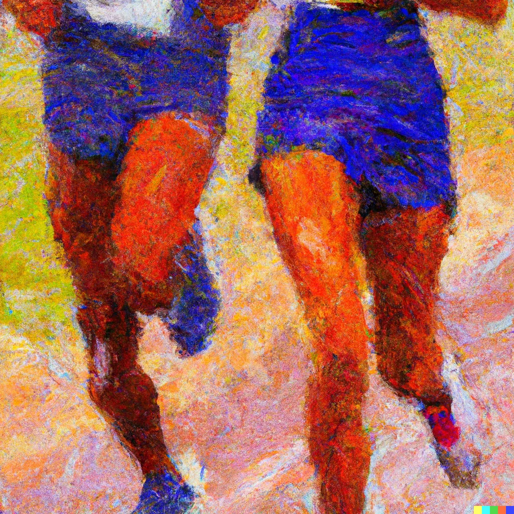 Abstract artistic rendering of two figures with legs in vibrant blue, red, orange and yellow colors