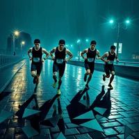 Cubist aerial view of para-athletes collapsed on a rain-soaked winter promenade, headlamps fracturing into geometric shards.