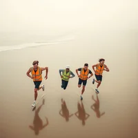 Aerial anime-style illustration of four adult military runners in hi-vis vests on a hazy winter beach shoreline at mid-morning.