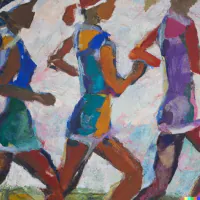 Colorful illustration of several people running together