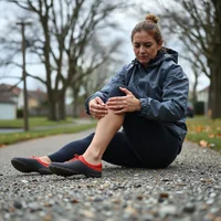 Woman sitting on a gravel path in a dark jacket and black leggings, gripping her knee, with bare trees behind her.