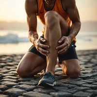 Person in orange top crouching on cobblestones, both hands gripping their knee; sea and sunset glow behind.