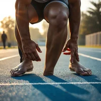 Barefoot runner crouched on a blue track in low sunlight, hands placed near one knee