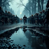 Large group of runners racing on a wet road lined with bare trees on a grey overcast day