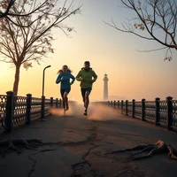 Two runners jogging along a bridge walkway at sunrise with a lighthouse silhouetted in the background