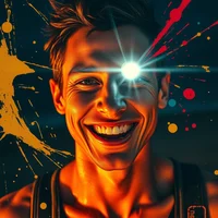 Abstract expressionist close-up of a joyful elite runner's face lit by headlamp on dark autumn beach shoreline, Pollock splatter style
