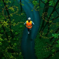 Aerial Art Nouveau painting of an older woman in hi-vis vest running a drizzly spring forest trail, adorned with Klimt-like gold leaf.