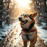 Happy dog in a red harness trotting along a snowy forest path with sunlight filtering through trees