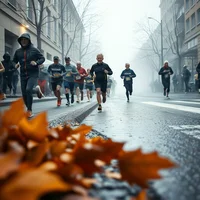 Group of runners racing on a wet city street on a foggy autumn day, fallen orange leaves in foreground