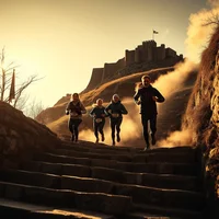 Group of runners ascending stone steps toward a hilltop castle in golden sunlight