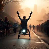 Wheelchair racer with arms raised competing among runners on a misty urban road