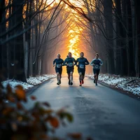 Group of runners on a snow-dusted tree-lined road at sunset in winter