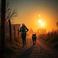 Person wearing a headlamp running with a dog on a dirt path at golden sunrise or sunset
