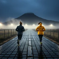Two runners jogging on a wet brick path at dusk, misty mountain and floodlights visible in background