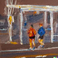 Painting of two people walking under a covered structure, one wearing orange and carrying a blue bag