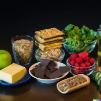 Assortment of foods including crackers, greens, raspberries, chocolate, cheese, apple, and nuts in bowls on a dark surface