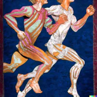 Stylized painting of two runners in colorful striped athletic attire against a dark blue background