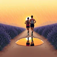 Two runners on a dirt path flanked by lavender fields, rain falling, puddle reflecting an orange sunset sky