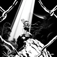 Black-and-white illustration of a figure standing on rocks in a dramatic spotlight beam, surrounded by chains