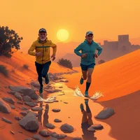 Two runners on a rocky desert trail at sunset with orange sand dunes and a glowing horizon