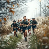 Group of runners on a muddy frost-lined trail path in cold misty conditions, led by a bearded man
