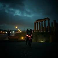 Dog wearing a red illuminated harness walking at night near ancient stone columns under a stormy sky