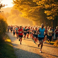 Large group of runners racing along a tree-lined gravel path bathed in golden sunlight