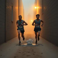 Two runners racing through a narrow alleyway bathed in warm orange backlit haze