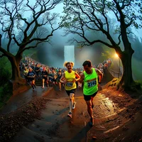 Large group of runners racing along a wet muddy trail through dark misty woodland trees