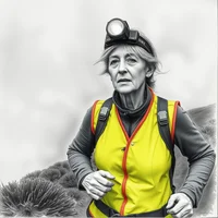 Pencil sketch of an older woman wearing a yellow hi-vis vest and headlamp, carrying a backpack outdoors