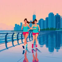 Illustration of two women jogging in pink athletic wear along a reflective waterfront path with a city skyline behind them