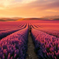 Person walking along a path through vibrant purple lavender fields under a warm pink and orange sunset sky